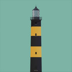 Illustration of St. John's lighthouse on a white background inside light blue square.