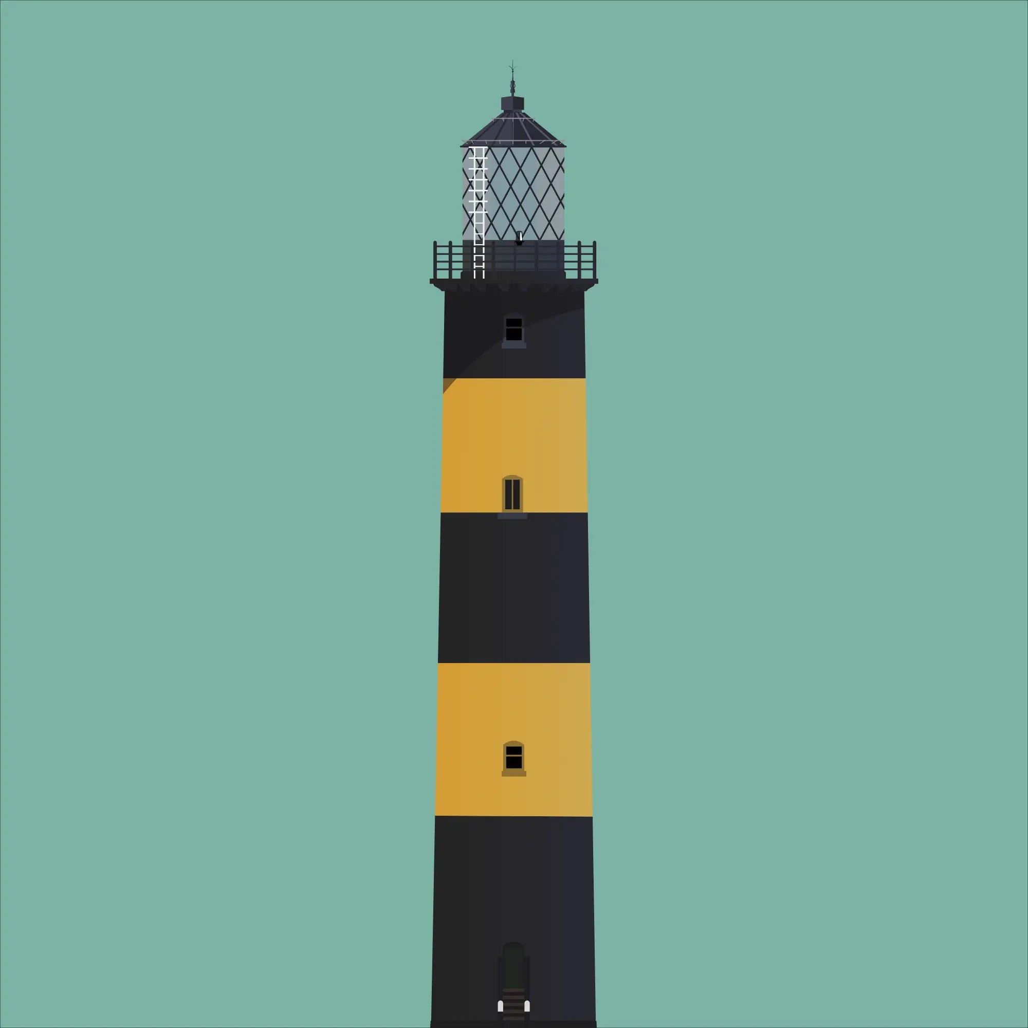 Illustration of St. John's lighthouse on a white background inside light blue square.