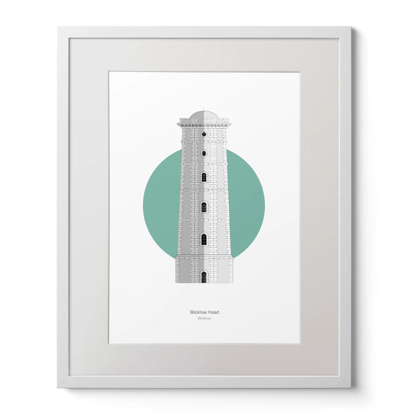 Illustration of Wicklow lighthouse on a white background inside light blue square,  in a white frame measuring 40x50cm.