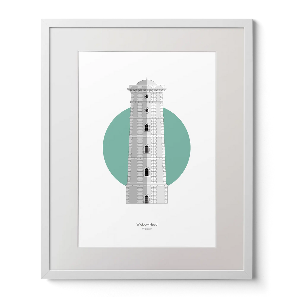 Illustration of Wicklow lighthouse on a white background inside light blue square,  in a white frame measuring 40x50cm.