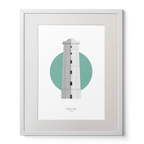 Illustration of Wicklow lighthouse on a white background inside light blue square,  in a white frame measuring 40x50cm.