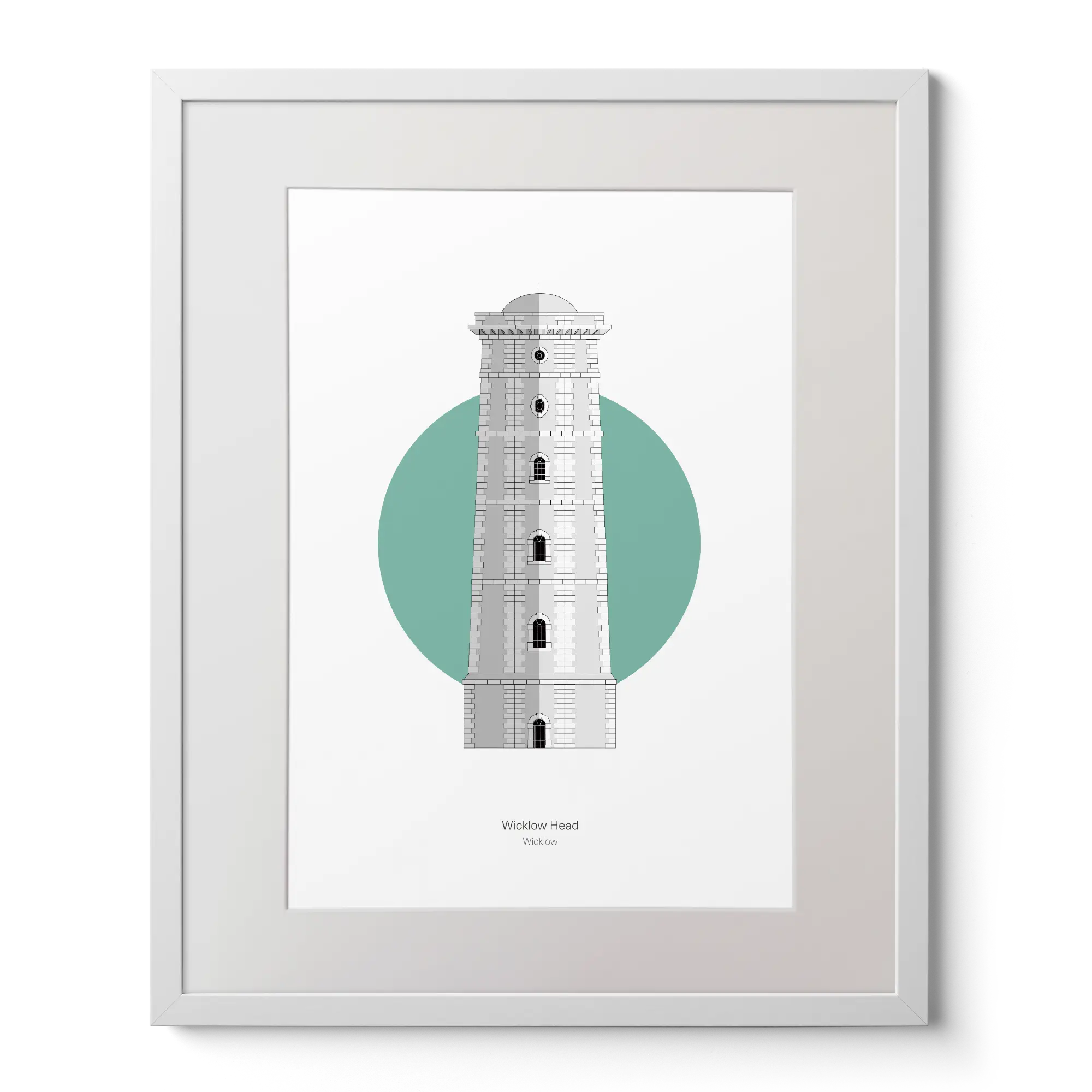 Illustration of Wicklow lighthouse on a white background inside light blue square,  in a white frame measuring 40x50cm.