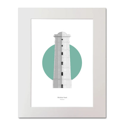 Illustration of Wicklow lighthouse on a white background inside light blue square, mounted and measuring 40x50cm.