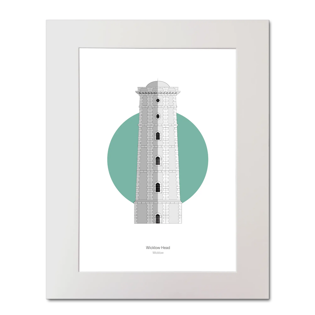 Illustration of Wicklow lighthouse on a white background inside light blue square, mounted and measuring 40x50cm.