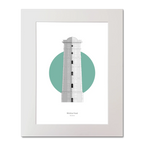 Illustration of Wicklow lighthouse on a white background inside light blue square, mounted and measuring 40x50cm.
