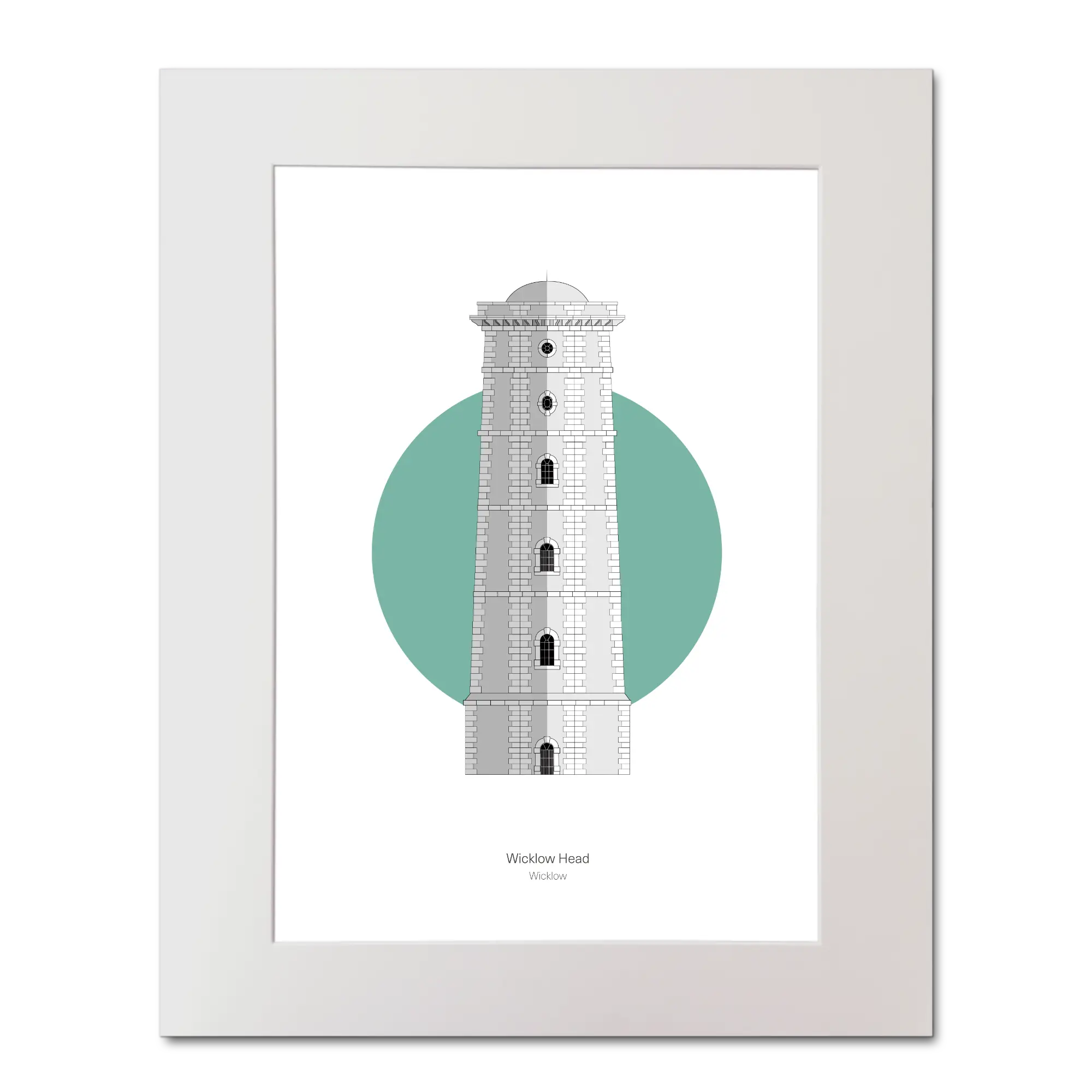 Illustration of Wicklow lighthouse on a white background inside light blue square, mounted and measuring 40x50cm.