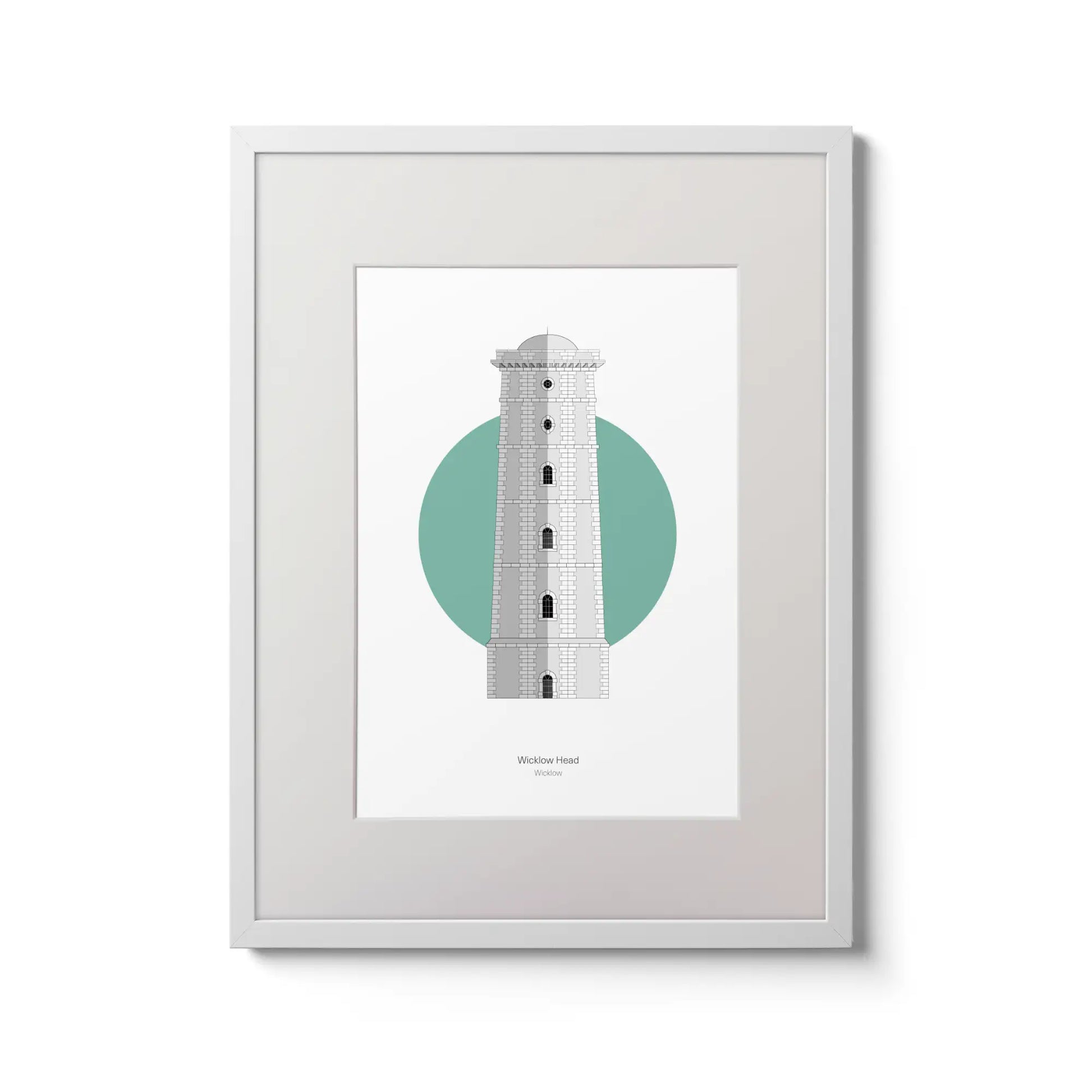 Illustration of Wicklow lighthouse on a white background inside light blue square,  in a white frame measuring 30x40cm.