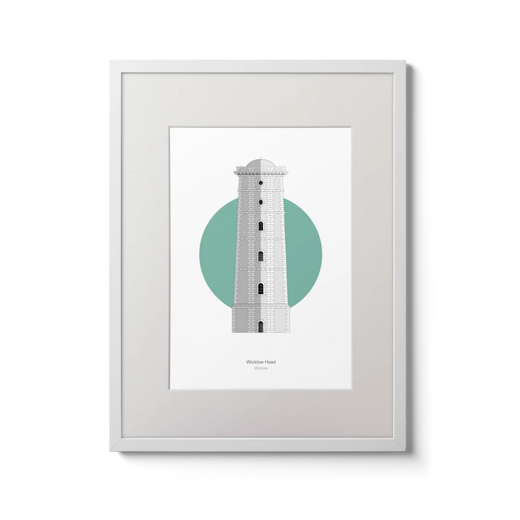 Illustration of Wicklow lighthouse on a white background inside light blue square,  in a white frame measuring 30x40cm.