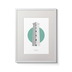 Illustration of Wicklow lighthouse on a white background inside light blue square,  in a white frame measuring 30x40cm.