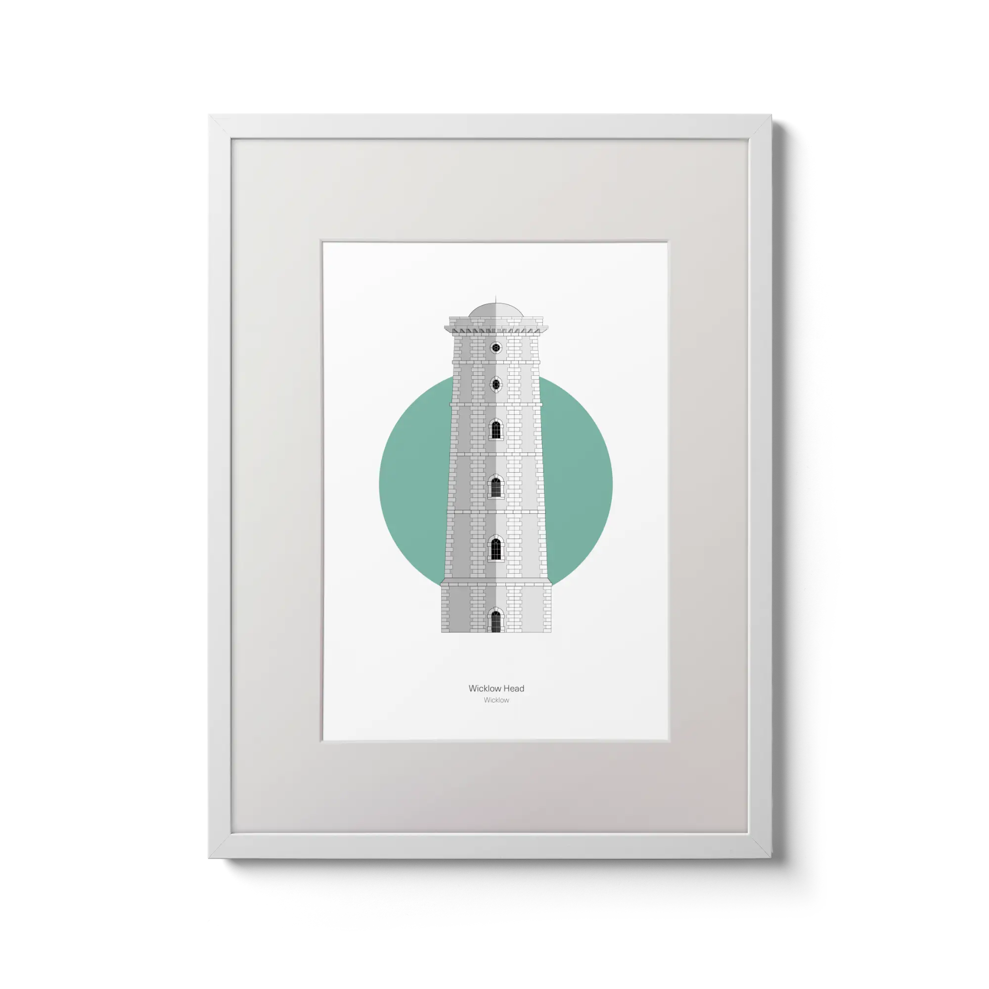 Illustration of Wicklow lighthouse on a white background inside light blue square,  in a white frame measuring 30x40cm.
