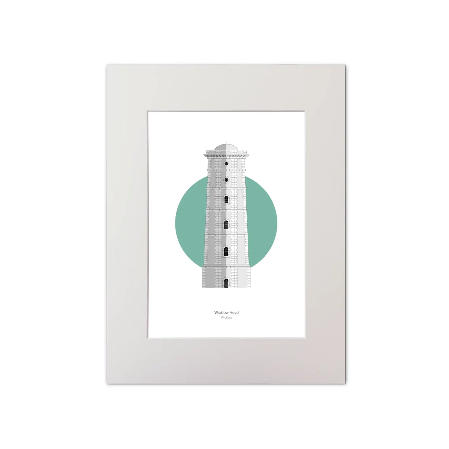 Illustration of Wicklow lighthouse on a white background inside light blue square, mounted and measuring 30x40cm.