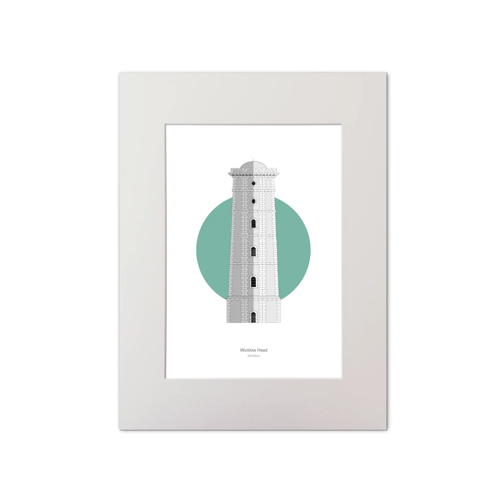 Illustration of Wicklow lighthouse on a white background inside light blue square, mounted and measuring 30x40cm.