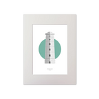 Illustration of Wicklow lighthouse on a white background inside light blue square, mounted and measuring 30x40cm.