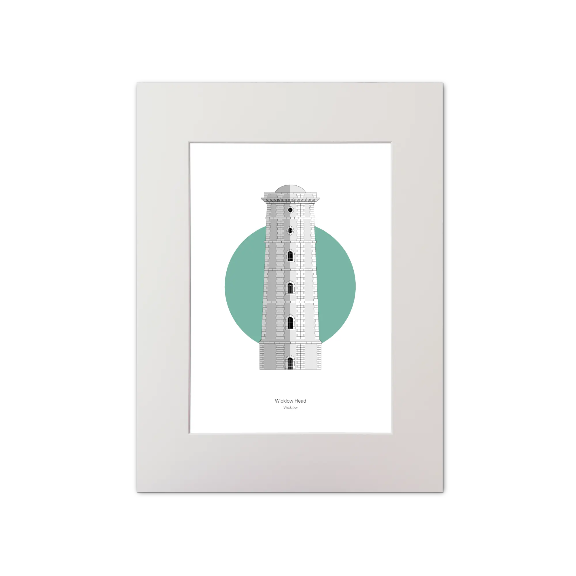 Illustration of Wicklow lighthouse on a white background inside light blue square, mounted and measuring 30x40cm.