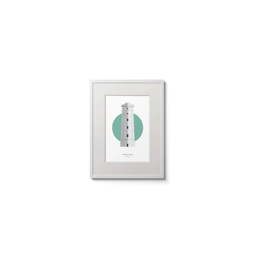 Illustration of Wicklow lighthouse on a white background inside light blue square,  in a white frame measuring 15x20cm.