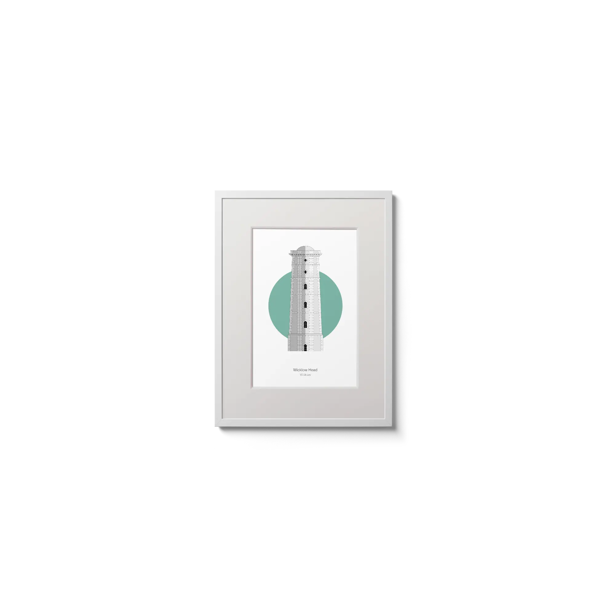 Illustration of Wicklow lighthouse on a white background inside light blue square,  in a white frame measuring 15x20cm.