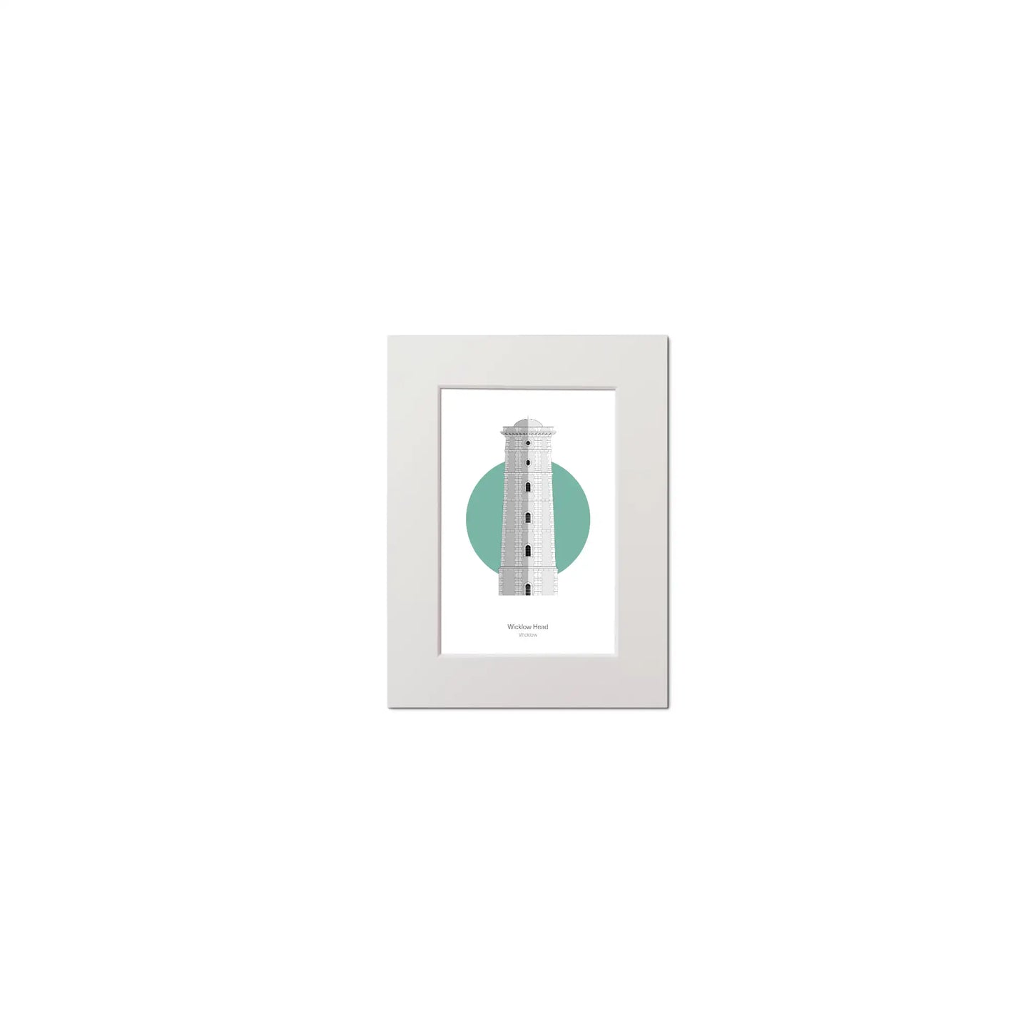 Illustration of Wicklow lighthouse on a white background inside light blue square, mounted and measuring 15x20cm.