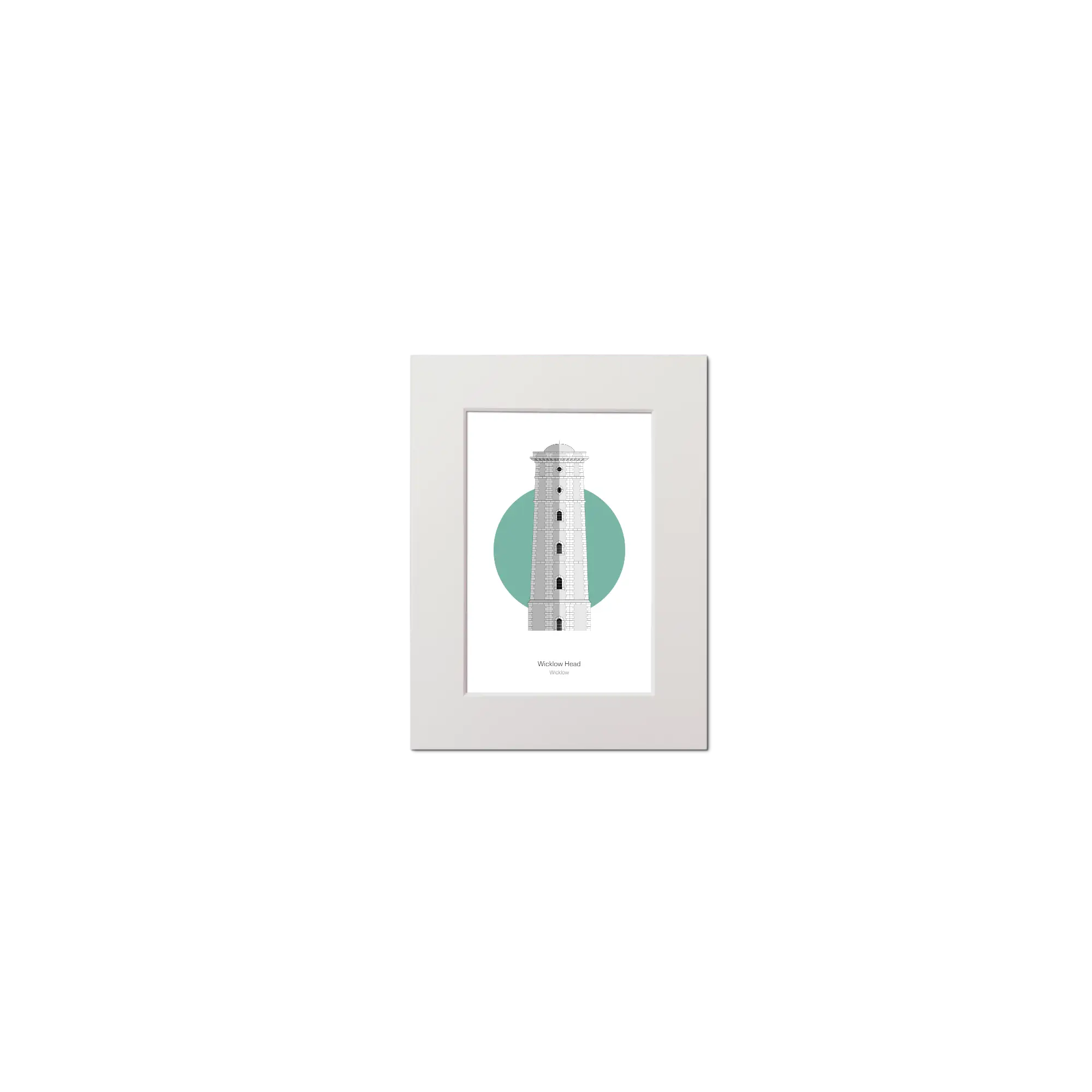 Illustration of Wicklow lighthouse on a white background inside light blue square, mounted and measuring 15x20cm.