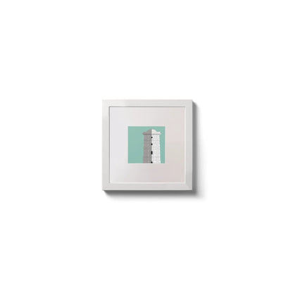 Illustration of Valentia Island lighthouse on an ocean green background,  in a white square frame measuring 10x10cm.