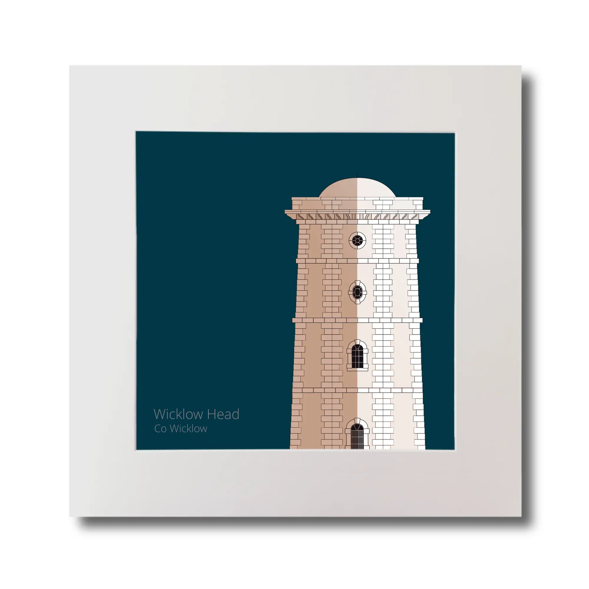 Illustration of Valentia Island lighthouse on a midnight blue background, mounted and measuring 30x30cm.