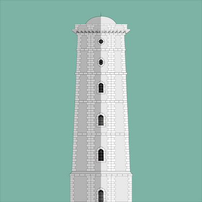 Illustration of Wicklow lighthouse on a white background inside light blue square.