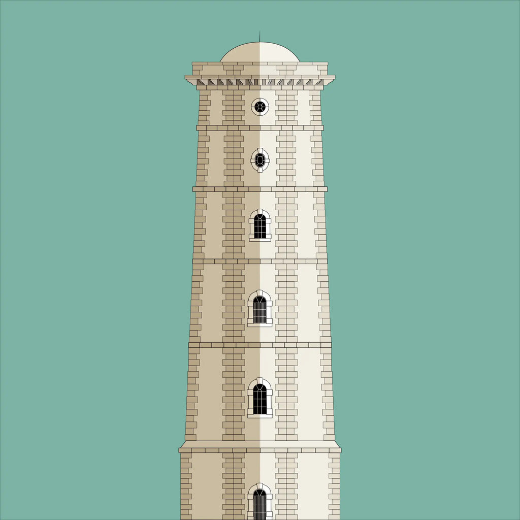Illustration of Wicklow lighthouse on a white background inside light blue square.