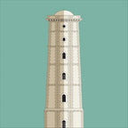 Illustration of Wicklow lighthouse on a white background inside light blue square.
