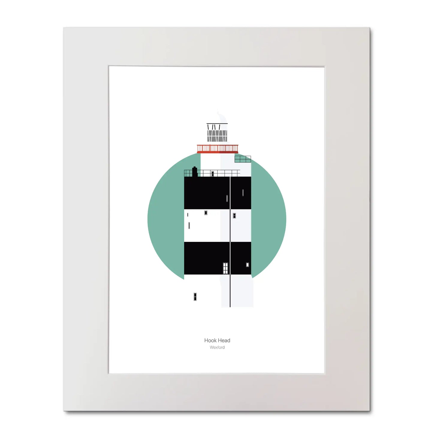 Illustration of Hook Head lighthouse on a white background inside light blue square, mounted and measuring 40x50cm.
