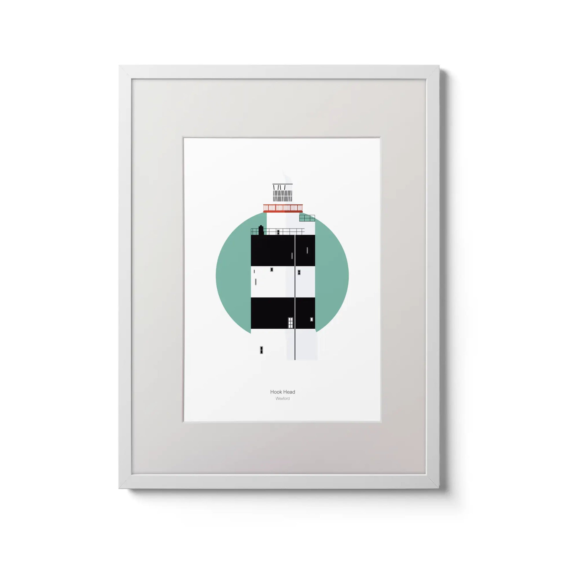 Illustration of Hook Head lighthouse on a white background inside light blue square,  in a white frame measuring 30x40cm.