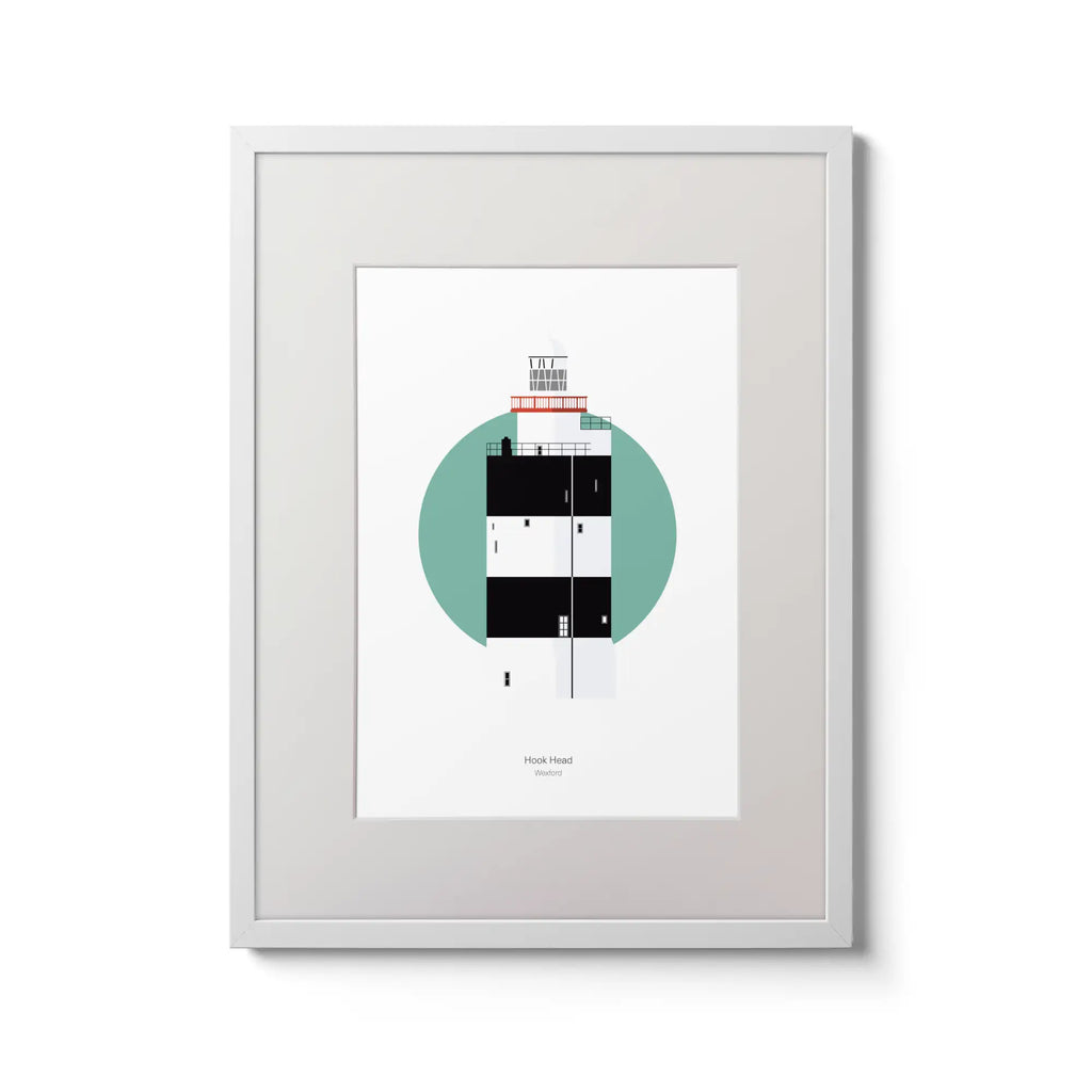 Illustration of Hook Head lighthouse on a white background inside light blue square,  in a white frame measuring 30x40cm.
