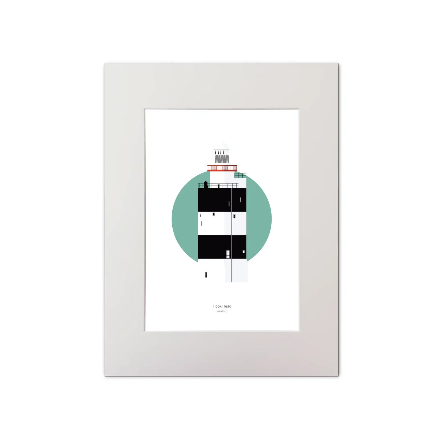 Illustration of Hook Head lighthouse on a white background inside light blue square, mounted and measuring 30x40cm.