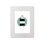 Illustration of Hook Head lighthouse on a white background inside light blue square, mounted and measuring 30x40cm.