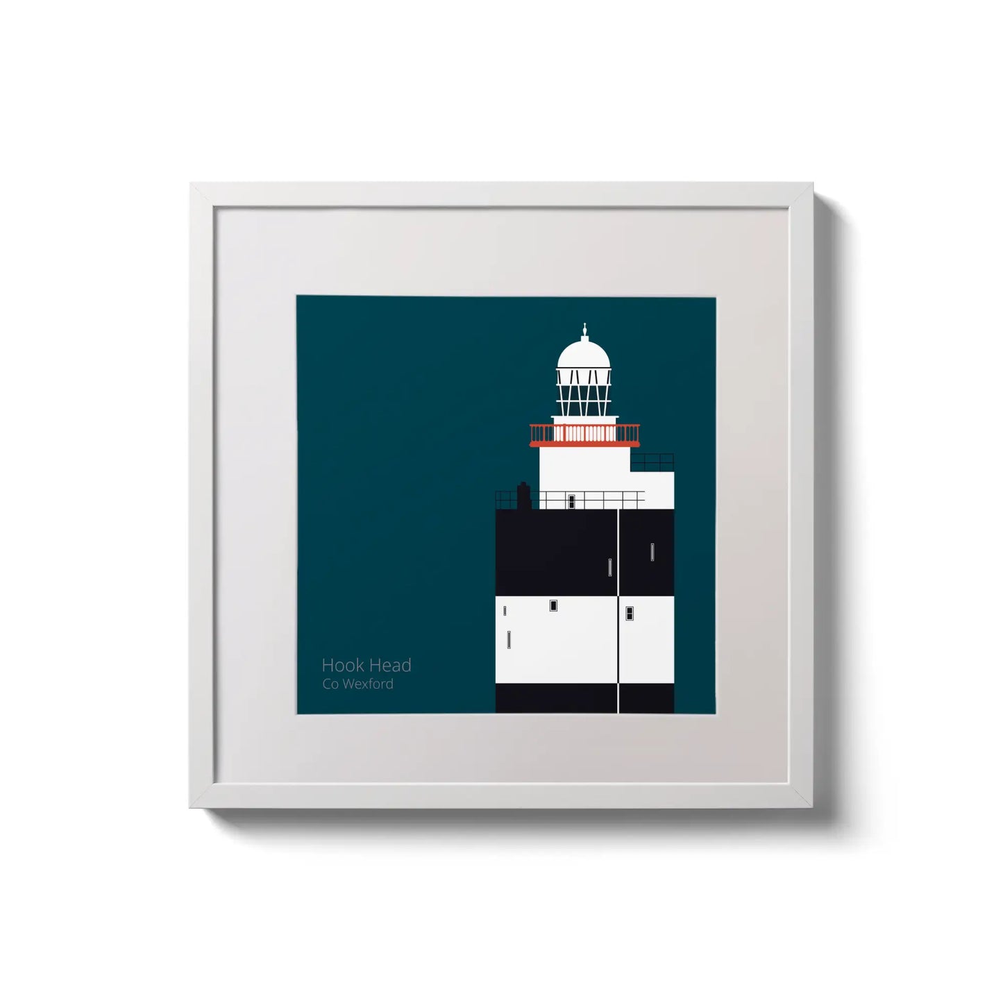 Illustration of Hook Head lighthouse on a midnight blue background,  in a white square frame measuring 20x20cm.