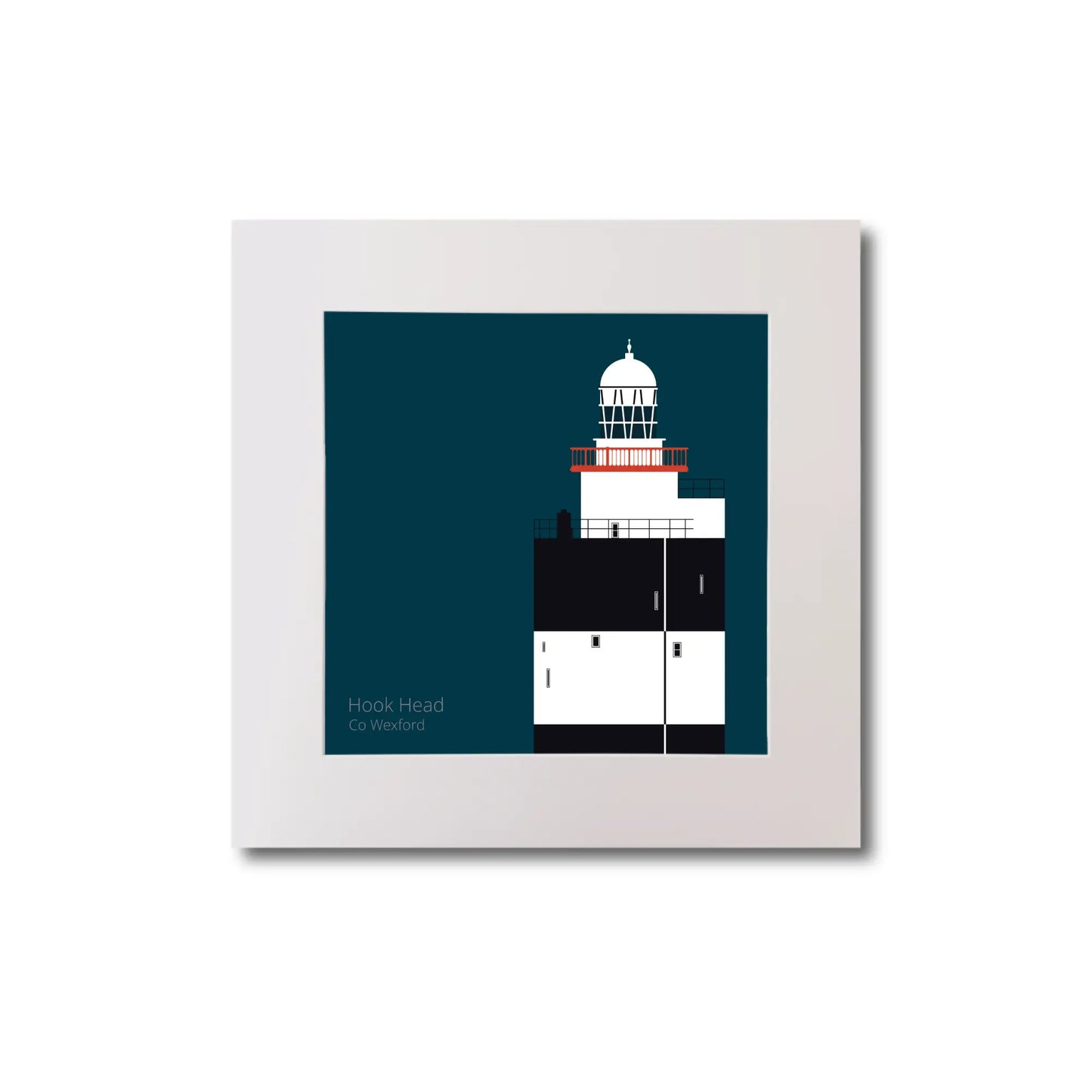 Illustration of Hook Head lighthouse on a midnight blue background, mounted and measuring 20x20cm.