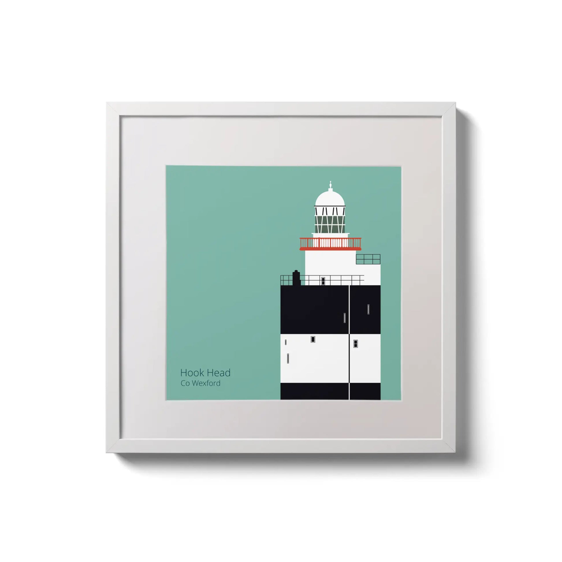 Illustration of Hook Head lighthouse on an ocean green background,  in a white square frame measuring 20x20cm.