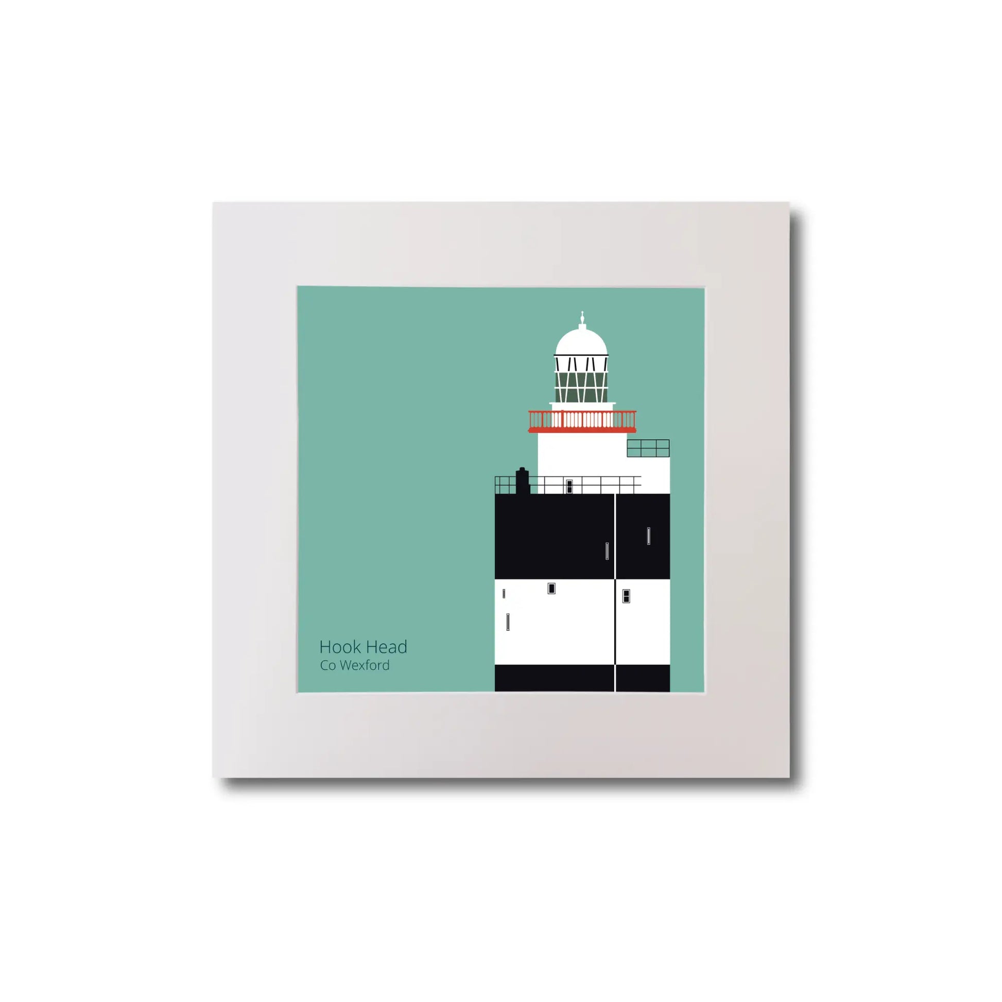 Illustration of Hook Head lighthouse on an ocean green background, mounted and measuring 20x20cm.
