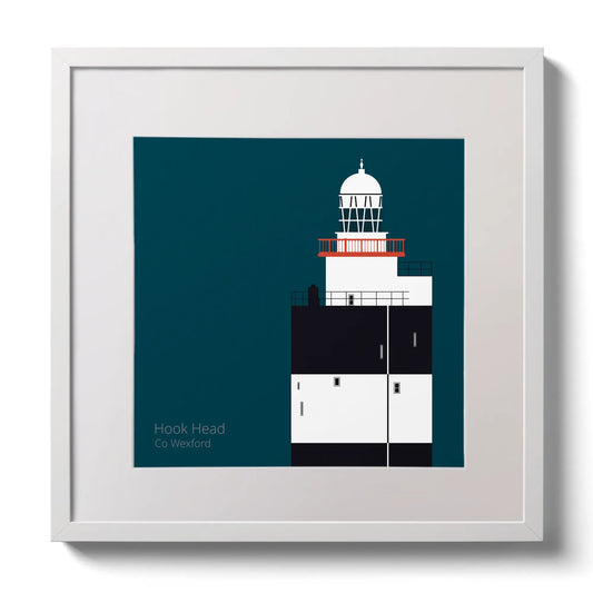 Illustration of Hook Head lighthouse on a midnight blue background,  in a white square frame measuring 30x30cm.