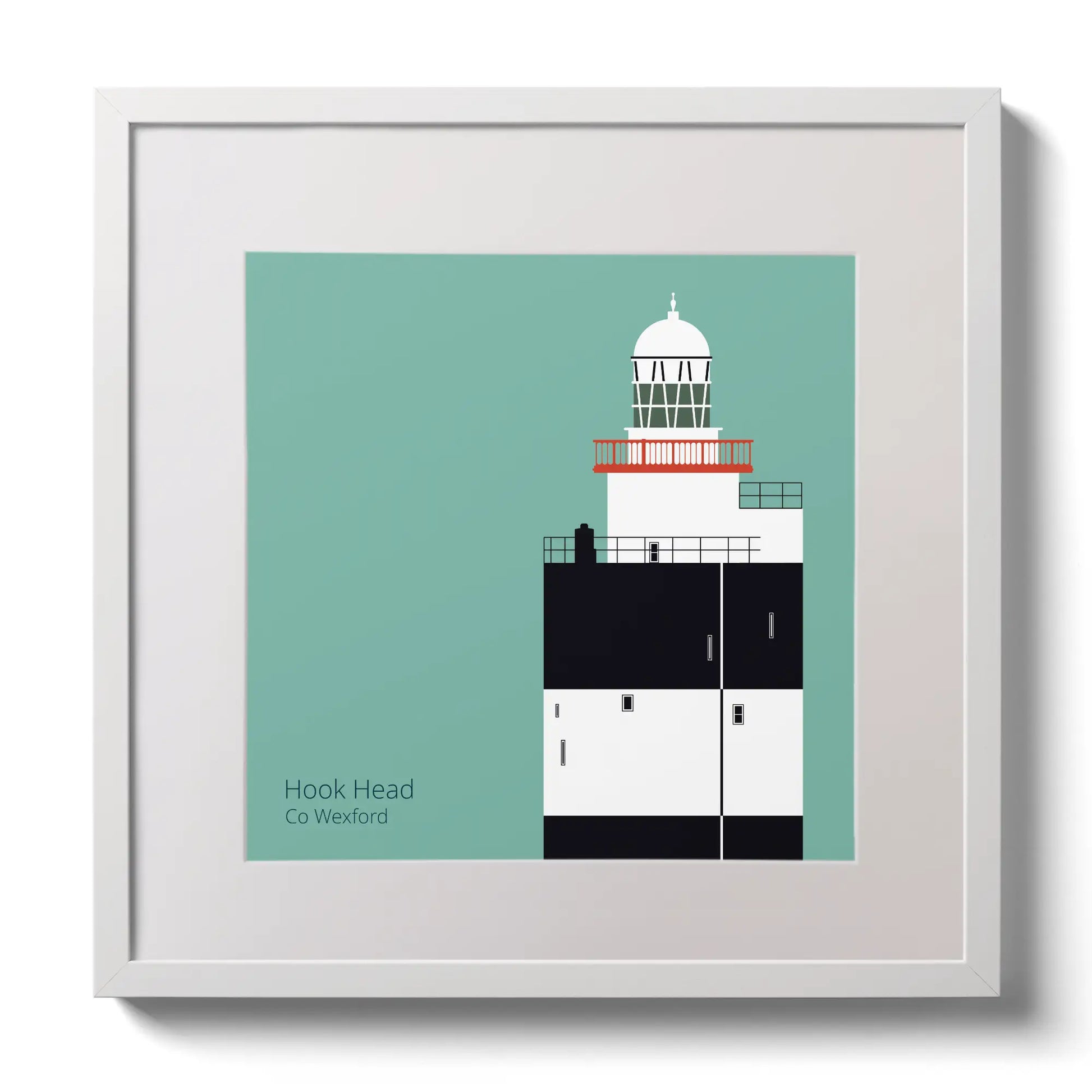 Illustration of Hook Head lighthouse on an ocean green background,  in a white square frame measuring 30x30cm.
