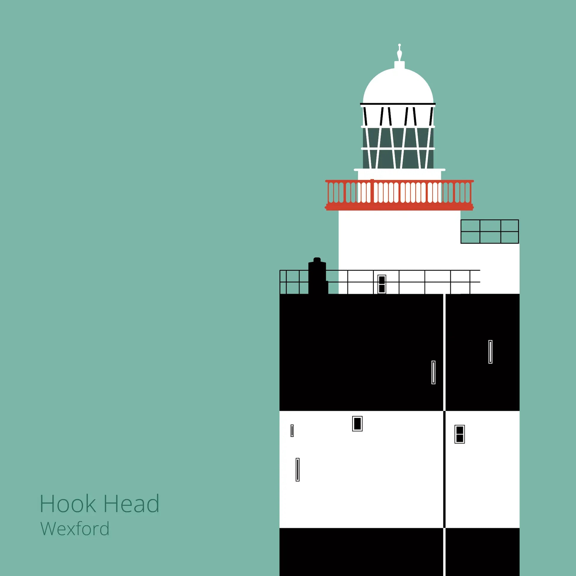 Illustration of Hook Head lighthouse on an ocean green background