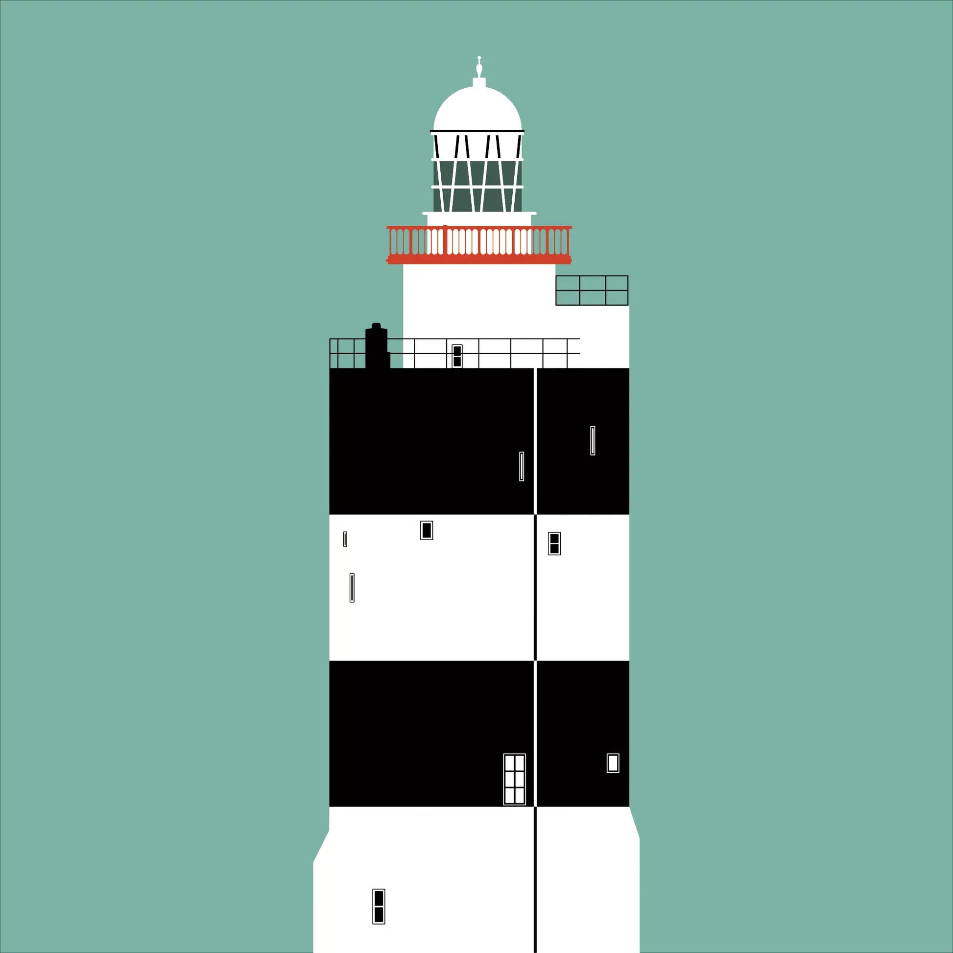 Illustration of Hook Head lighthouse on a white background inside light blue square