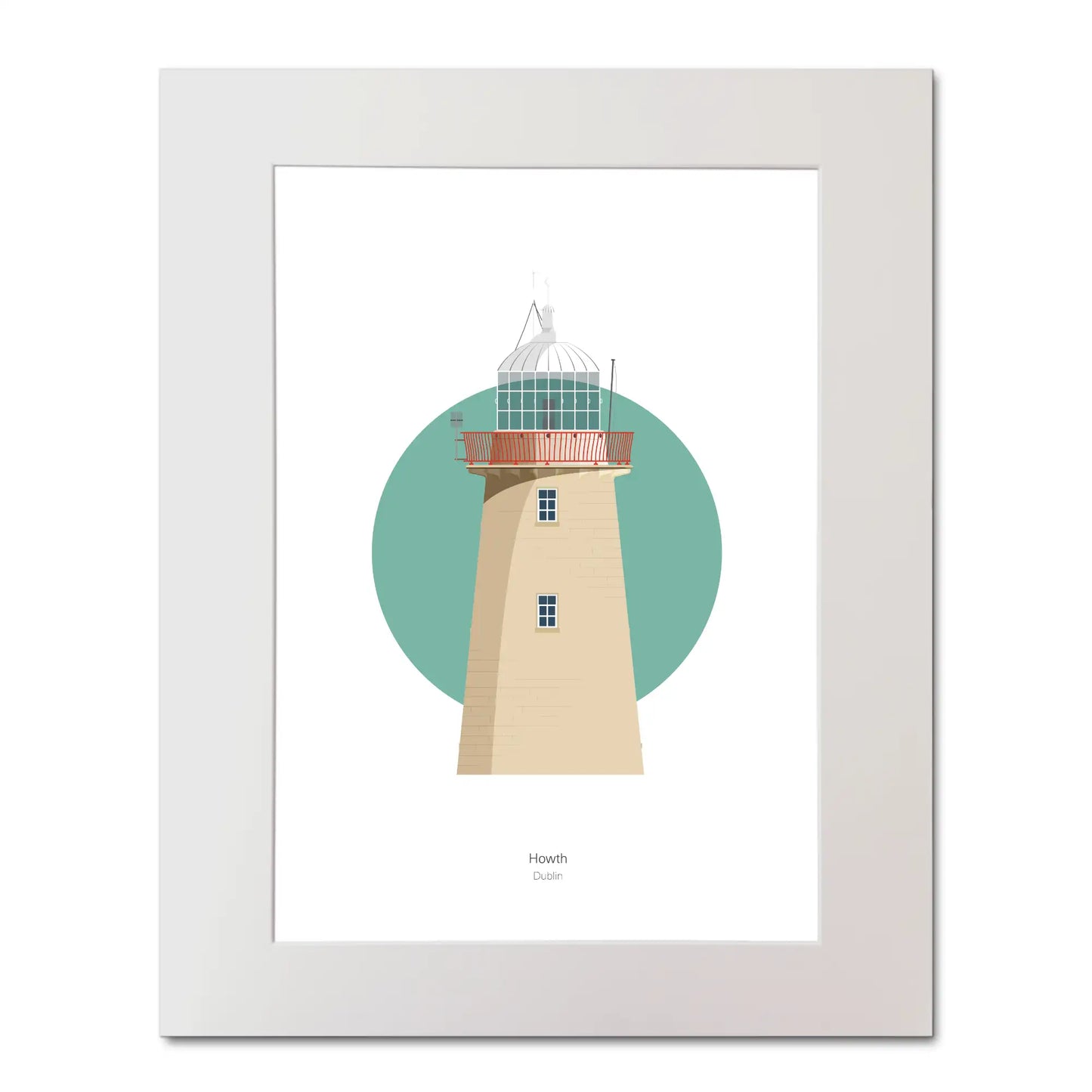 Illustration of Howth lighthouse on a white background inside light blue square, mounted and measuring 40x50cm.