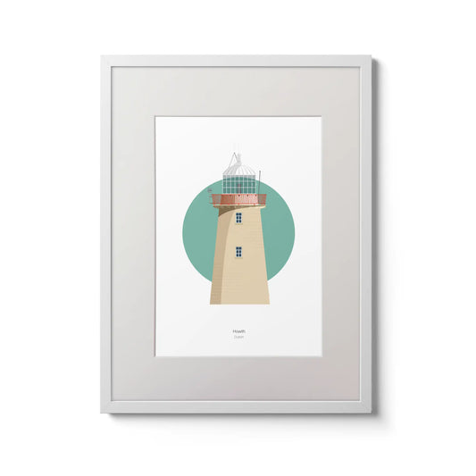 Illustration of Howth lighthouse on a white background inside light blue square,  in a white frame measuring 30x40cm.