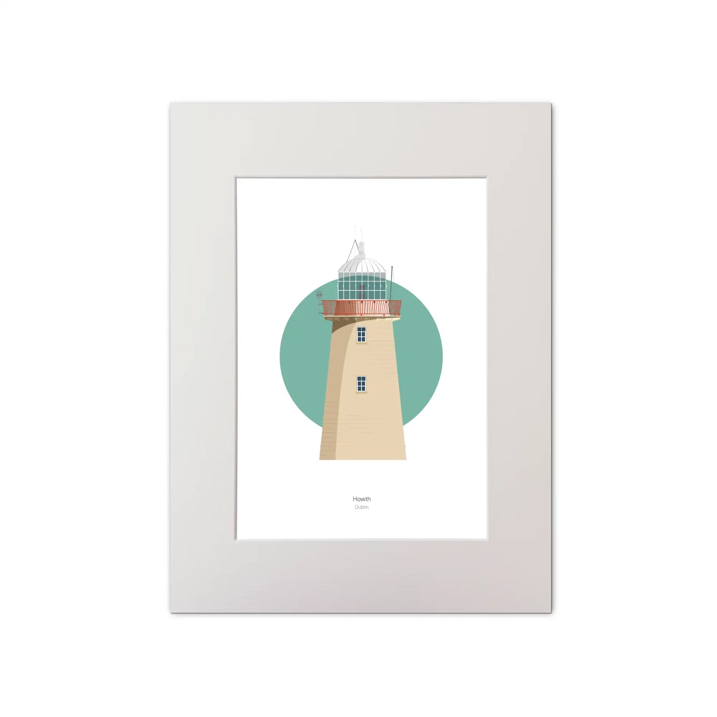 Illustration of Howth lighthouse on a white background inside light blue square, mounted and measuring 30x40cm.