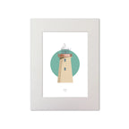 Illustration of Howth lighthouse on a white background inside light blue square, mounted and measuring 30x40cm.