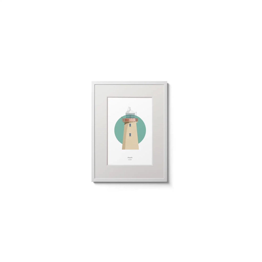 Illustration of Howth lighthouse on a white background inside light blue square,  in a white frame measuring 15x20cm.