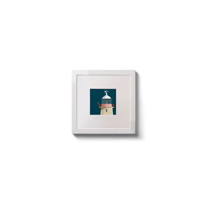 Illustration of Howth lighthouse on a midnight blue background,  in a white square frame measuring 10x10cm.