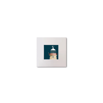 Illustration of Howth lighthouse on a midnight blue background, mounted and measuring 10x10cm.