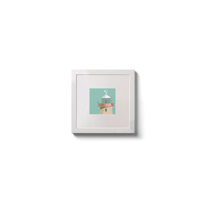 Illustration of Howth lighthouse on an ocean green background,  in a white square frame measuring 10x10cm.