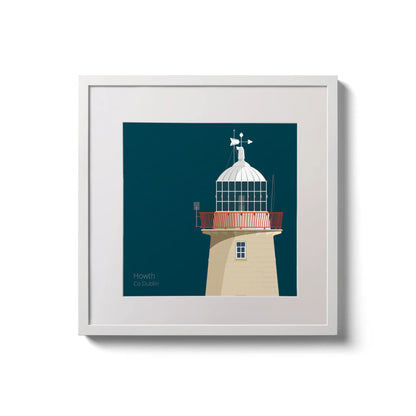 Illustration of Howth lighthouse on a midnight blue background,  in a white square frame measuring 20x20cm.