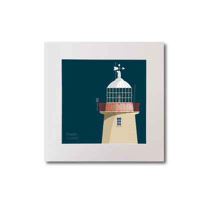 Illustration of Howth lighthouse on a midnight blue background, mounted and measuring 20x20cm.